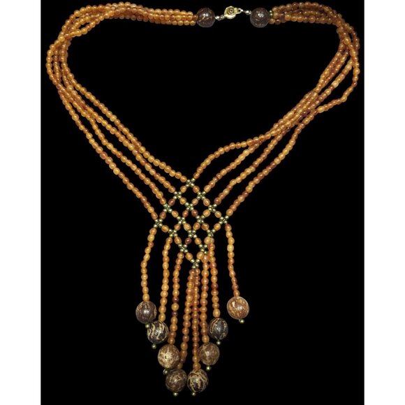 Unique Bohemian Glass Wood And Metal Braided Beaded Necklace - Picture 1 of 7